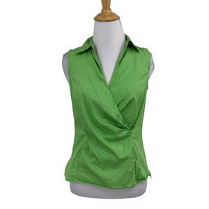 Talbots Top Women 2P Petites Parrot White Faux Wrap Polka Dot Sleeveless Polo